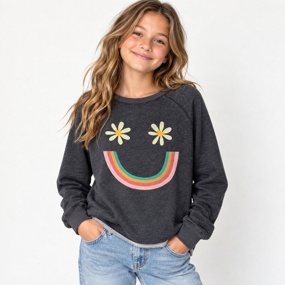 Natural Life Womens M Rainbow Smiley Daisy Sweatshirt Boho Retro Raw Hem...